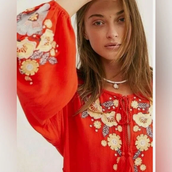 Free People Spell On You Poppy Red Floral Embroidered Peasant Dress Medium - Picture 2 of 10